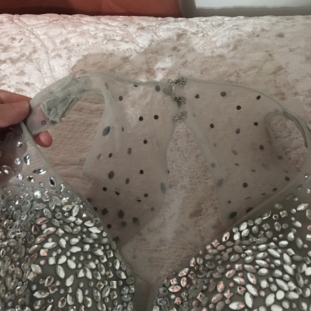 Silver Crystal Embellished Tulle Ball Gown - Picture 8 of 16